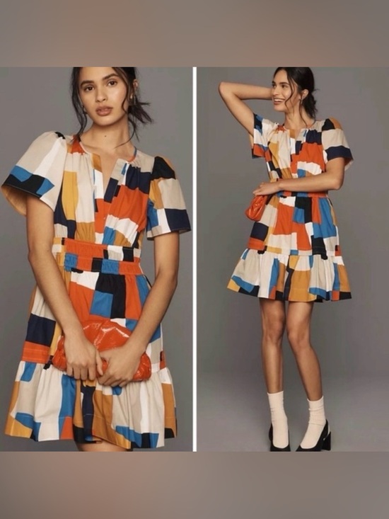 Anthropologie Dresses & Skirts - Anthropologie The Somerset Colorblock Print Short Dress Orange Blue Cream Size M